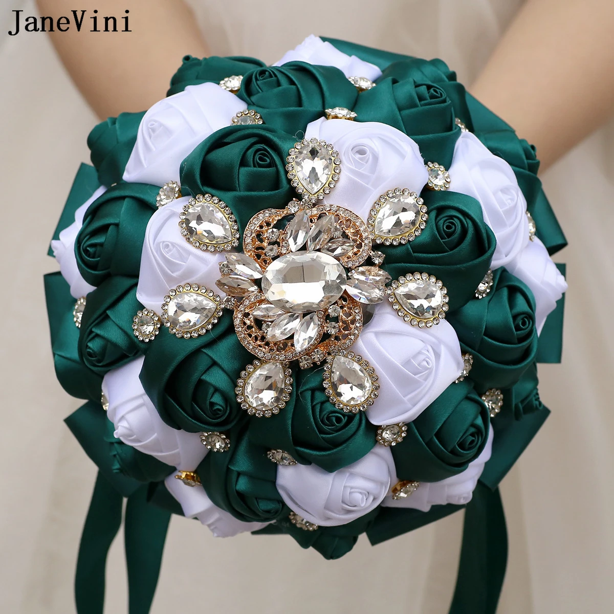 

JaneVini Elegant Dark Green White Bridal Bouquets Bling Golden Rhinestones Artificial Satin Roses Bride Wedding Flowers Bouquet