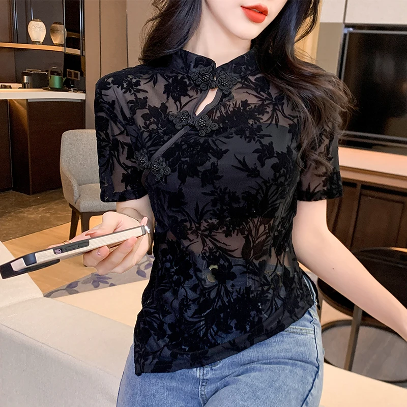 Summer Short Sleeve Mesh Lace Shirts and Blouses 2023 Fashion Stand Vintage Black Sexy Tops Lady See Through Shirts Blusas 26608