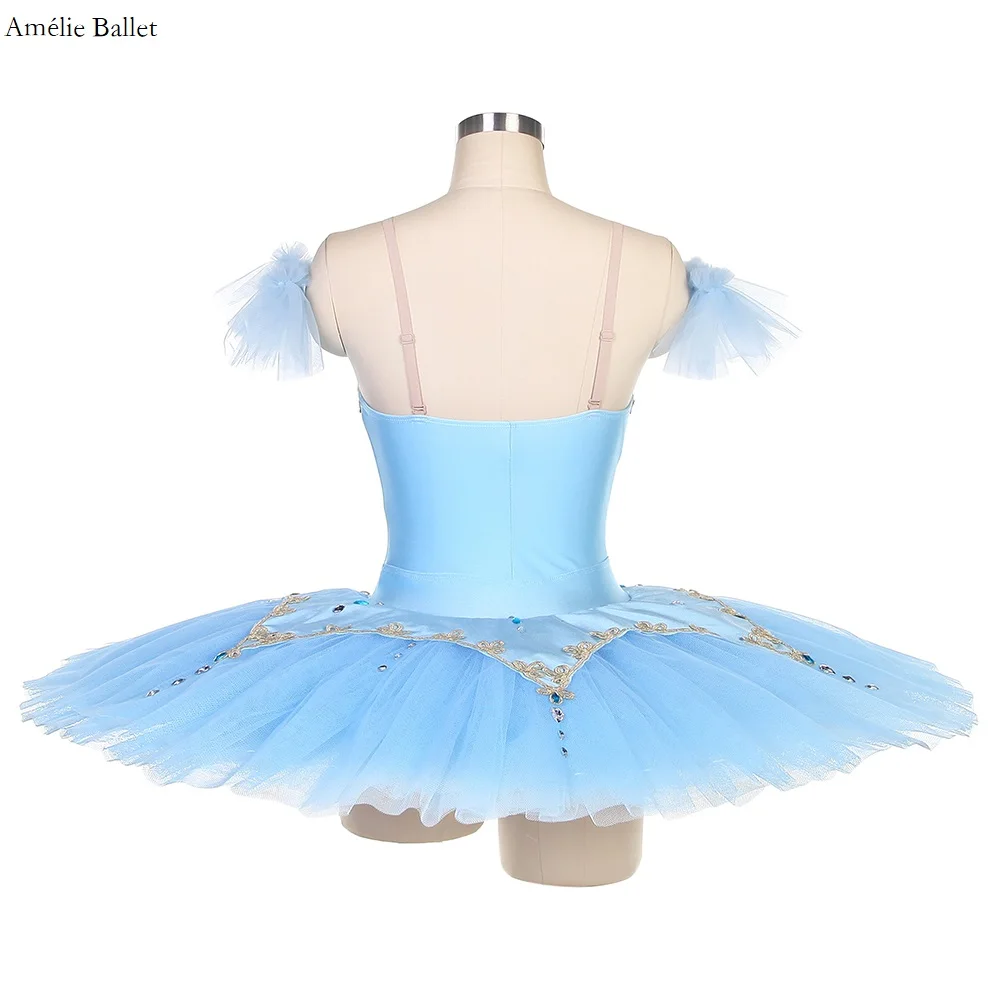 BLL509 Corpetto in spandex blu con gonna tutu pancake in tulle plissettato Ragazze Donne Costumi di performance tutu di balletto pre-professionale