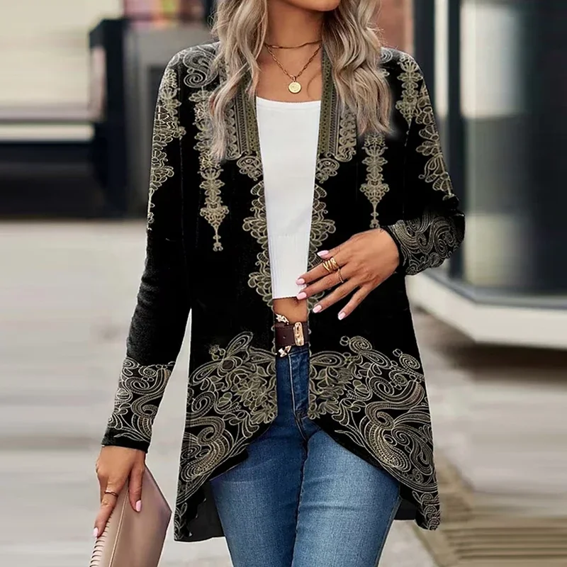 Elegant Cardigan For Women\'s Coats Fashion Women Jacket Turn Down Collar Vintage Print Jackets For Women Casual Loose Thin Tops