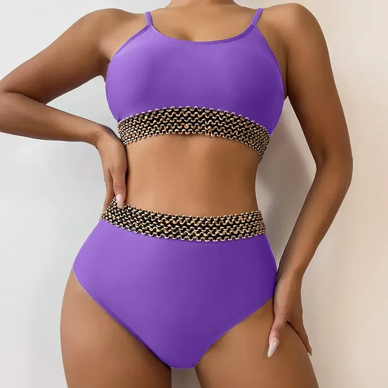 Women's New Split Solid Color Sexy Backless High Waist Bikini