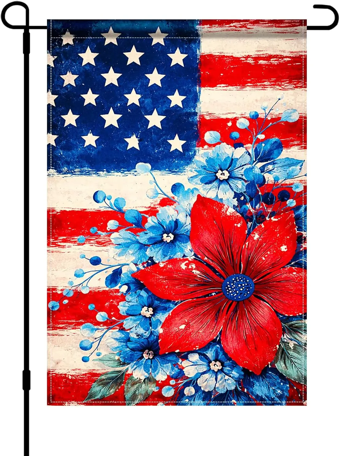 4th of July Independence Day Patriotic Floral Garden Flag 12x18 Inch Double Sided Red Blue American Flower Yard Flag, Outdoo MMZ