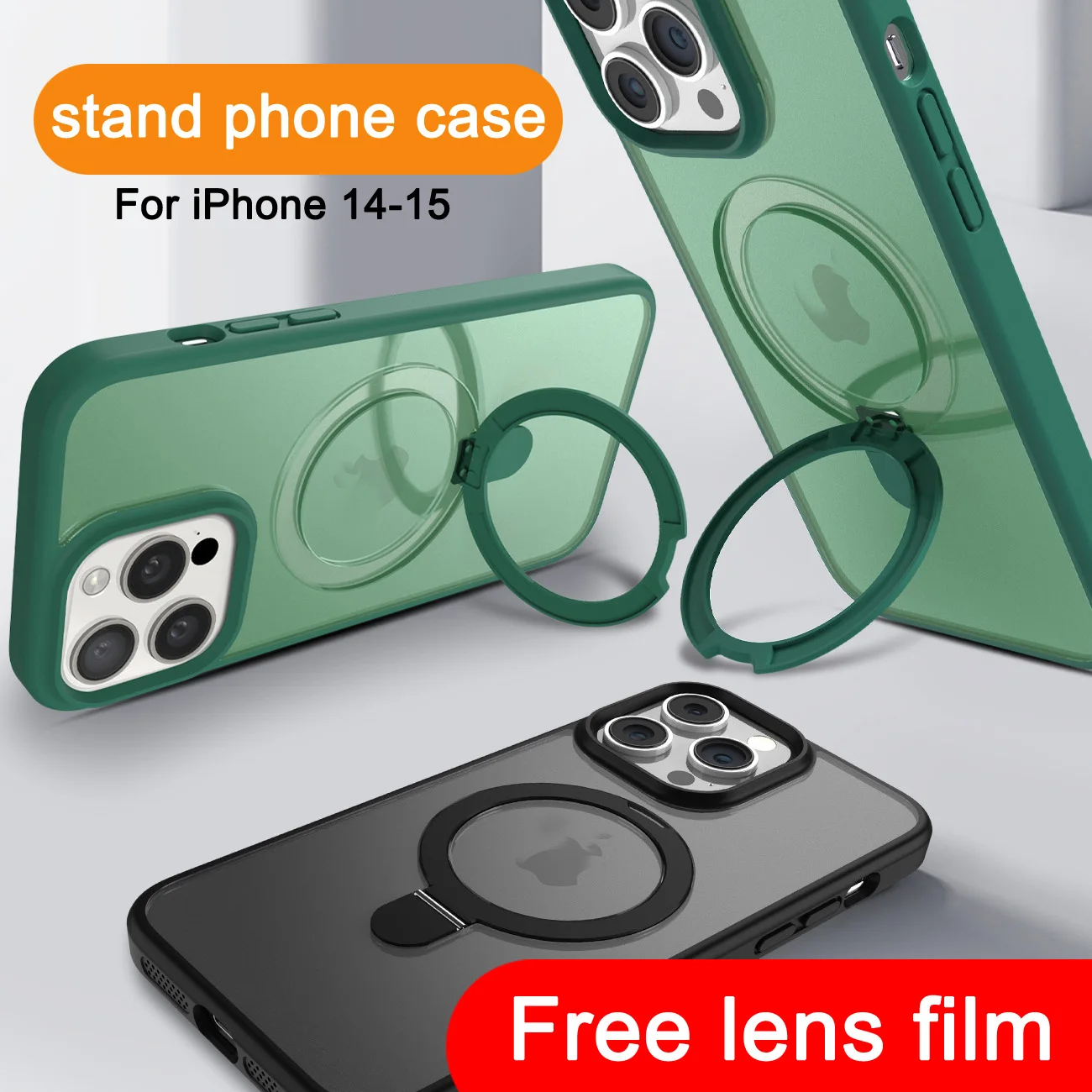 For Apple mobile phone protective case built-in magnetic holder supports magsafe lens film anti-scratch and fall protective case