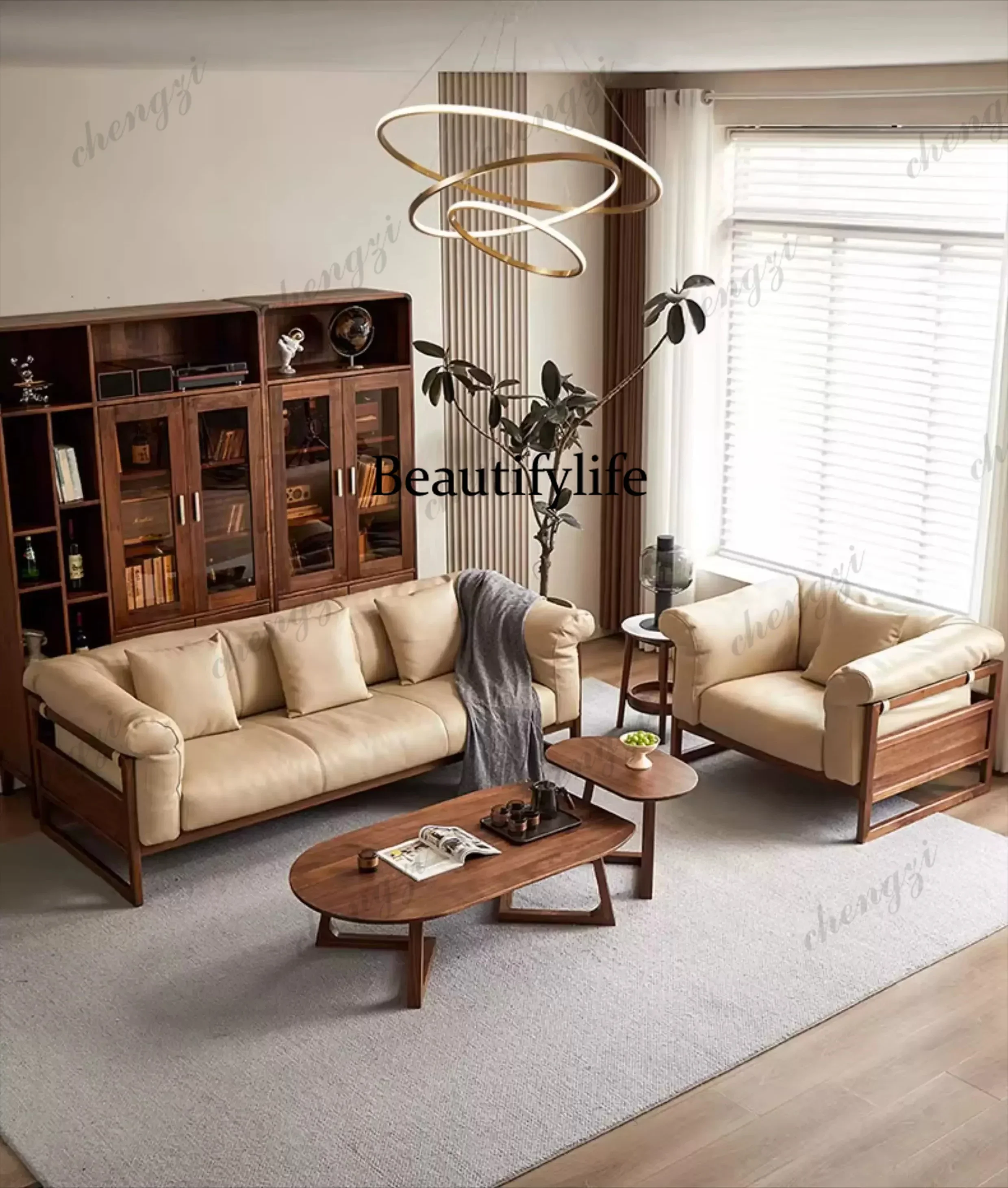 D8000    All solid wood leather sofa modern simple light luxury large apartment villa living room sofa combination