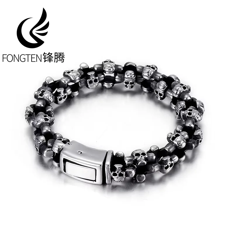 Fongten 22cm Bracelet for Men Stainless Steel Cross Skull Bangle Bracelets Male Skeleton Jewelry Wholesale Haunted House Party