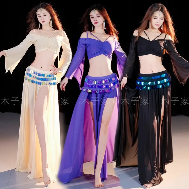 

customized belly dance costume light luxury mesh sequin slit long skirt set Oriental dance performance practice group uniform