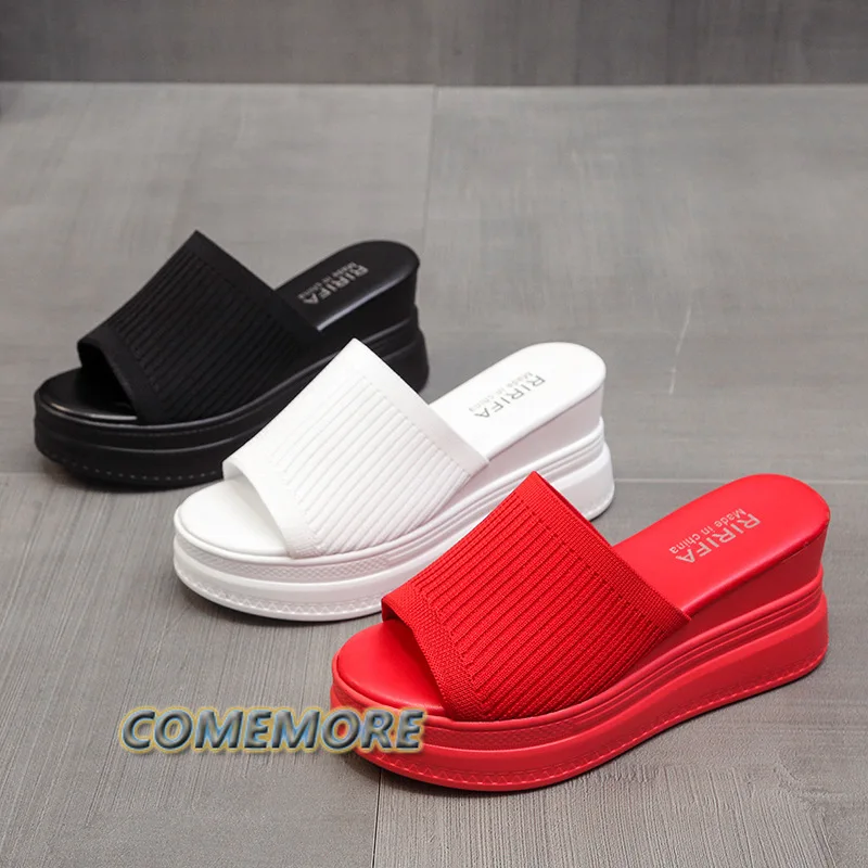 Red White Slippers Wedge Heels Women\'s Sandals Platform Wedges Shoes Ladies Summer Sandals Beach Sandals High Platform Slippers