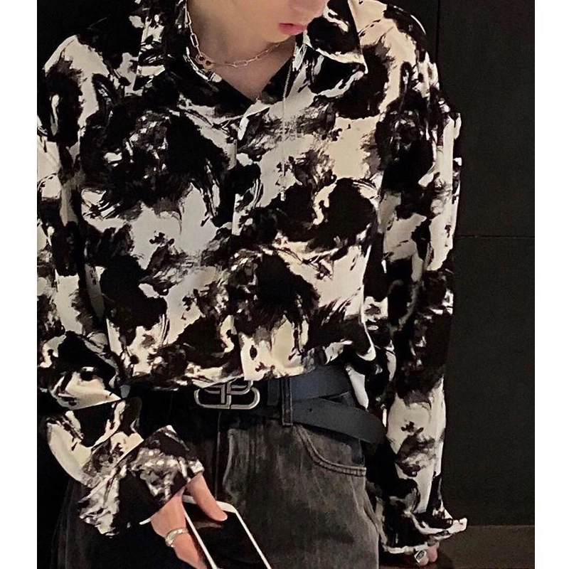 Men Clothing Spring Korean Fashion Vintage Ink Painting High Street Shirt Casual Lapel Long Sleeve Loose Tops Camisas De Hombre