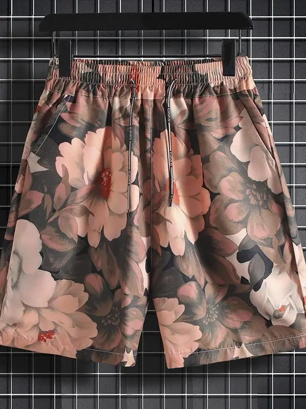 

Men's Summer Beach Shorts Loose Casual Thin Home Sleepwear Polyester Fiber Five-Quarter Straight Tube Non-Stretchy Fashionable