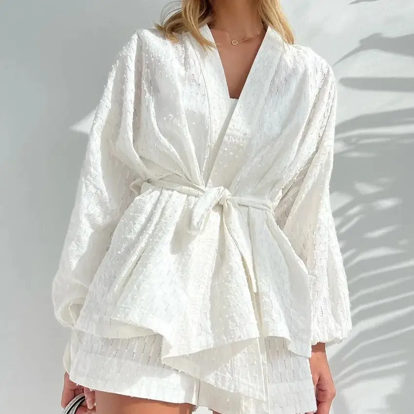 

Fashion Long Sleeve Robes Top Two Piece Sets Womens Outifits Autumn Casual White Home Suit Elegant Shorts Women'S Sets