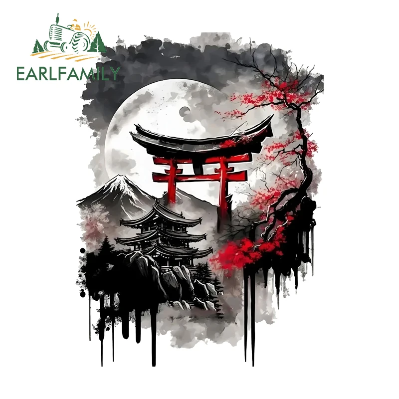 EARLFAMILY Black-red Tone Scenery Graffiti Car Stickers Simple Sunset Snowy Mountain Graphics Decals Cool Car Door Protector