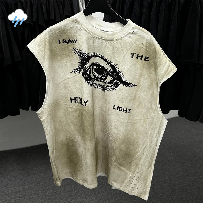 Streetwear Vintage Washed Apricot Made Dirty Sleeveless T Shirt Tee Men Women Best Quality SAINT I Saw The Holy Light T-Shirt