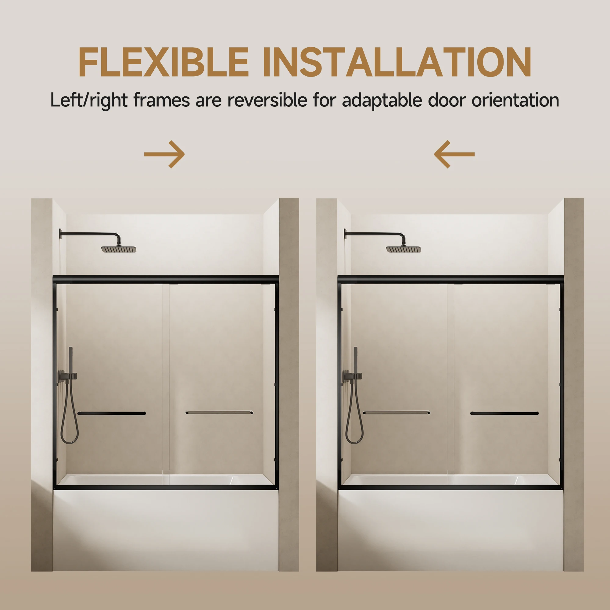 SH.KL 56-60 بوصة × 57 بوصة باب دش منزلق مزدوج بإطار من الألومنيوم، باب حوض استحمام أسود غير لامع ومغلق ناعم، 1/4 بوصة (6 مم) زجاج مقسى شفاف