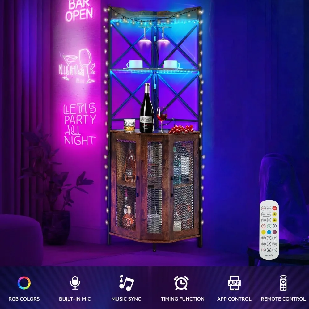 خزانة بار زاوية مع مخرج طاقة، خزانة بار نبيذ 5 طبقات مع ضوء LED وحامل زجاجي، بار منزلي صناعي لتناول الطعام #3