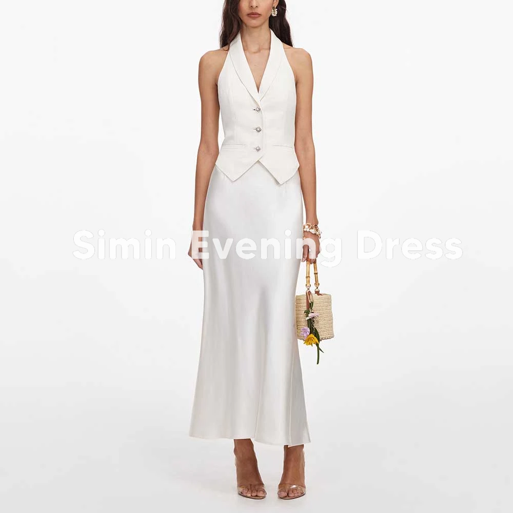 Simin Women's Chic White Evening Dress Set Women Halter Neck Blazer Vest with Satin Midi Skirt Formal Cocktail Party Gown Custom