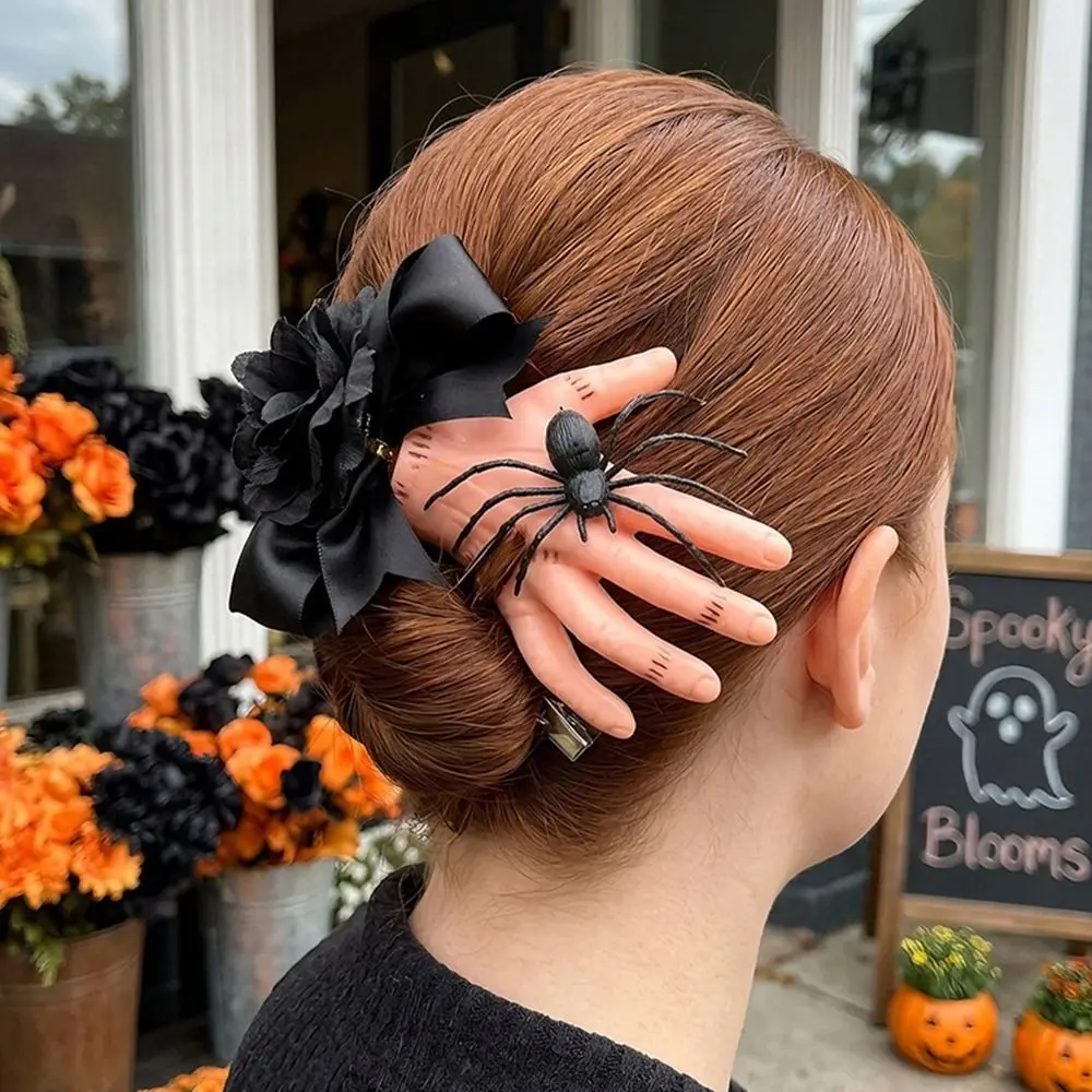 Fashion Black Bow Faux Hand Hair Clip Floral Detail Hand Shape Spider Hair Clip Spider Halloween Hair Clip Gifts