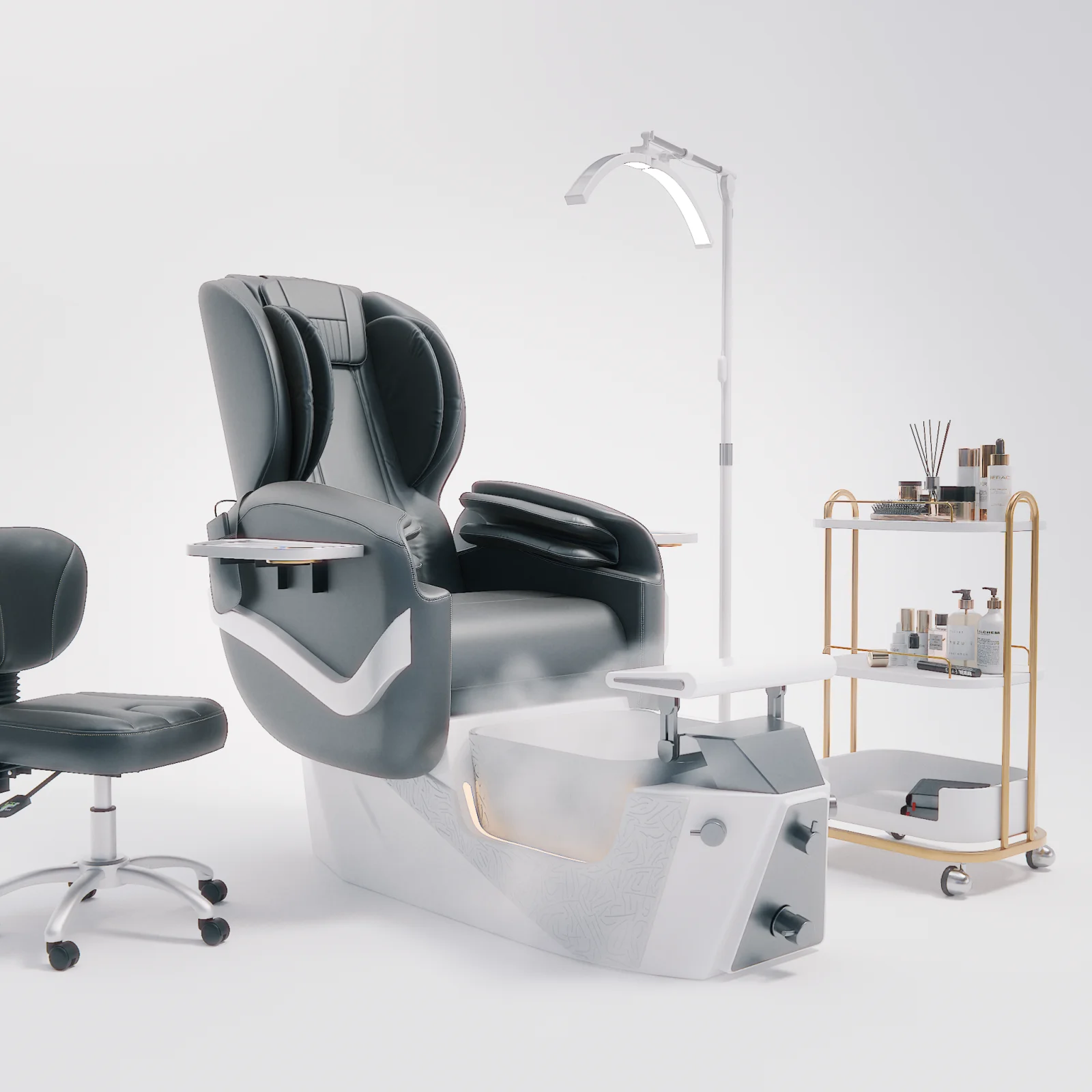 Electric Reclining Pedicure Spa Chair with LED Light Foot Tub Back Massage PU Leather Salon Foot Bath Sofa for Nail Beauty Salon