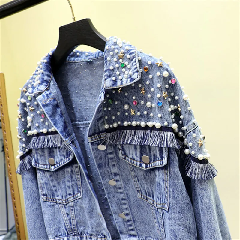 Frühling Koreanische Mehrfarbige Diamanten Perlen Denim Jacke Frauen Lose Kurze Cowboy Oberbekleidung Vintage Schwarz Blau Jeans Jacke Weibliche