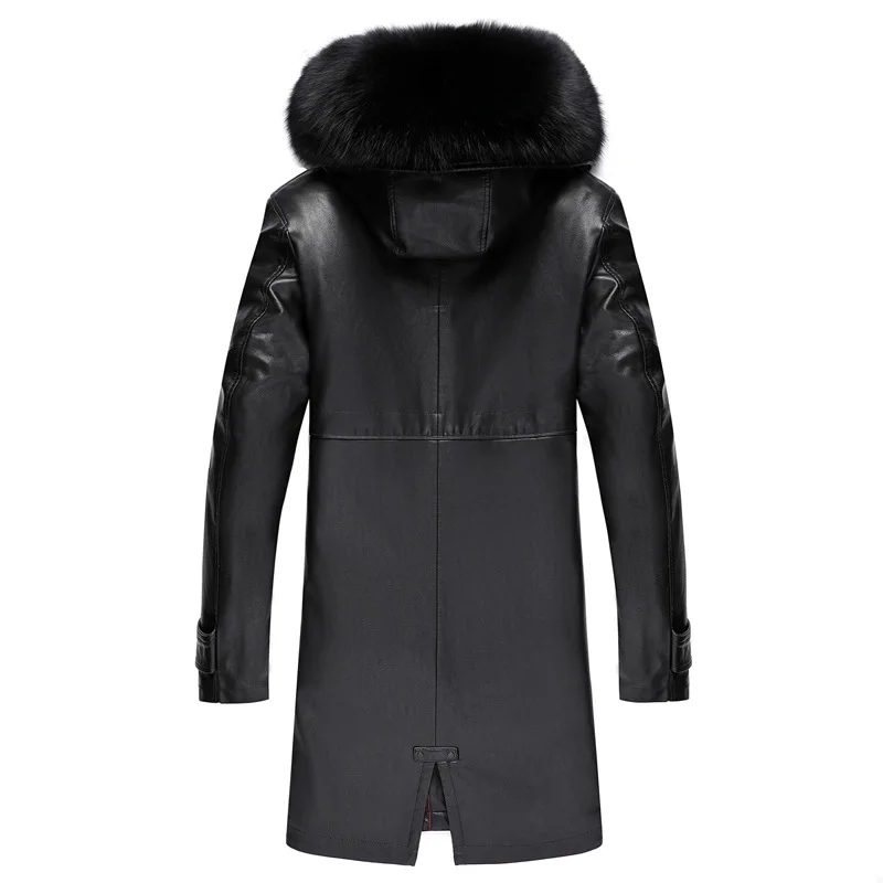 Winter New Black Men\'s High-end Fox Fur Collar Genuine Leather Long Hooded Fur Coat Thicker Jaqueta De Couro Male Casual Jackets