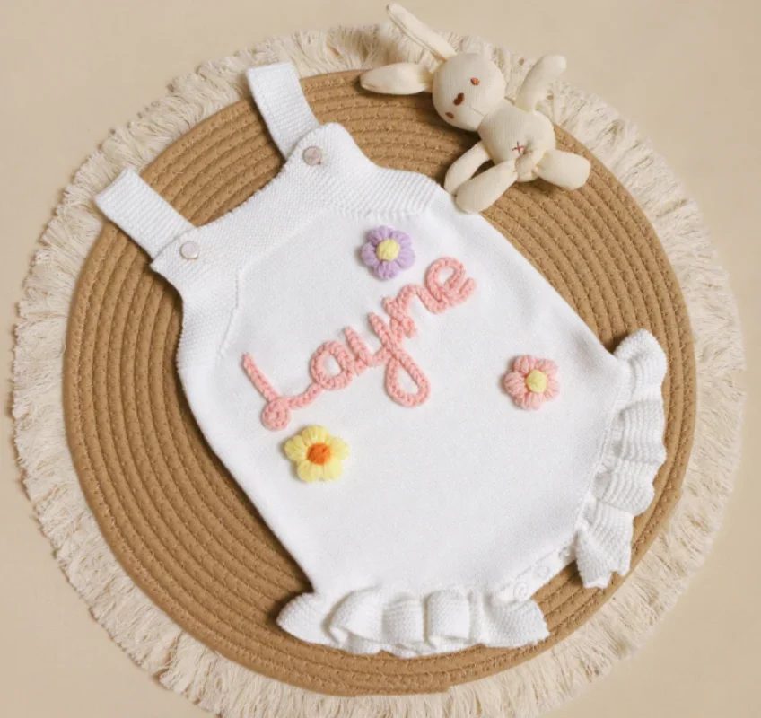 Cute Hand Embroidered Romper, Baby Name Romper, First Birthday Outfit, Personalized Knit Romper with Name, Baby Girl Gift