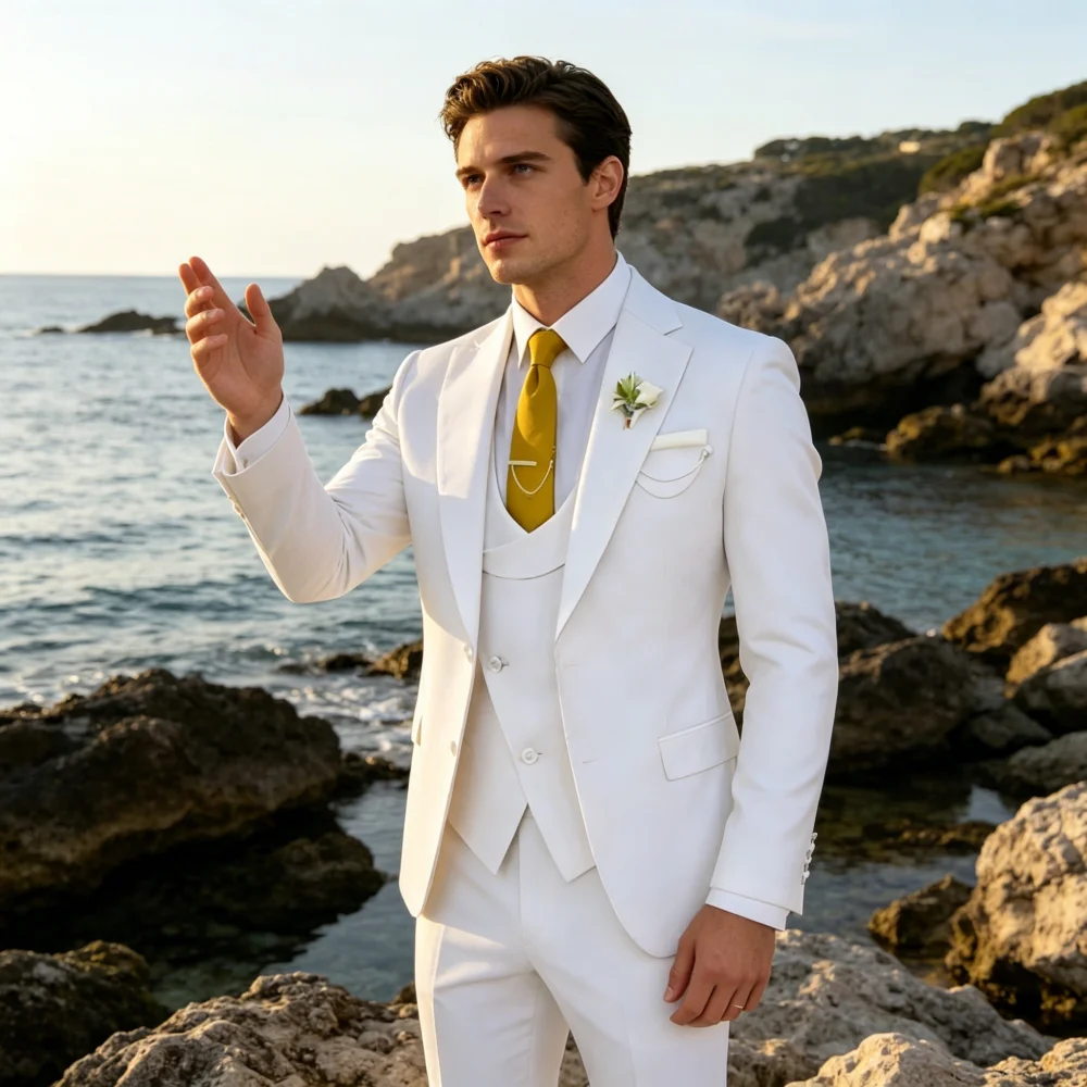 

Мужской костюм-тройка: однобортный пиджак, жилет и брюки для свадеб, деловых мероприятий и повседневной носки