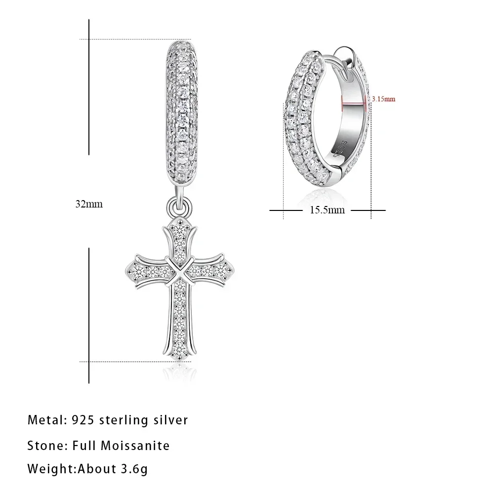100% Full Moissanite Earrings for Men/Women Cross Drop 925 Sterling Silver Hoop Earrings D Color VVS1 Hip Hop Couple Jewelry