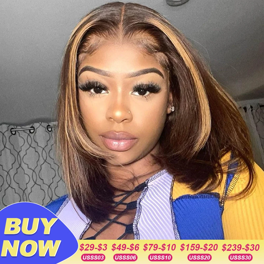 

Human Hair Wigs For Women 6x4 Highlight Straight Bob Wig Glueless Pre Plucked Bleached Knots 4/27 Hair Lace Closure Bob Wigs
