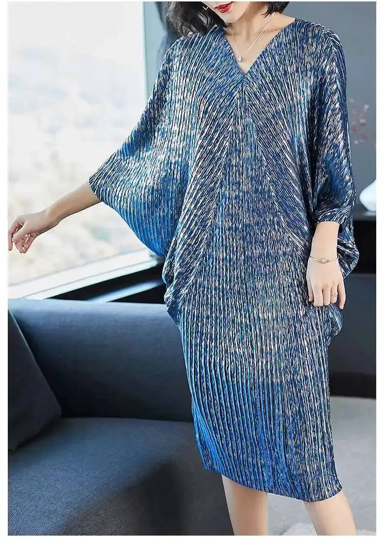 Quality 2025 High New Fashion V Collar Pleats Batwing Sleeve Loose Dress For Women Print Clothing Vestido 3L44