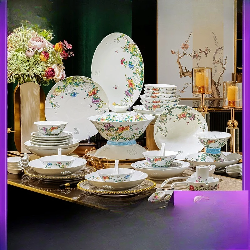 Jingdezhen Linglong porcelain light luxury ceramic tableware, home housewarming gifts