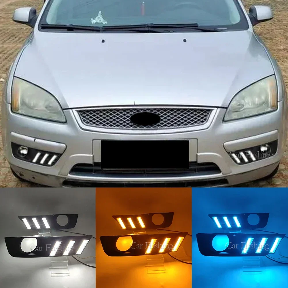 

Новинка! Дневные ходовые огни для Ford Focus 2005 2006, дневные ходовые огни, противотуманные фары с желтым указателем поворота, 2 шт.