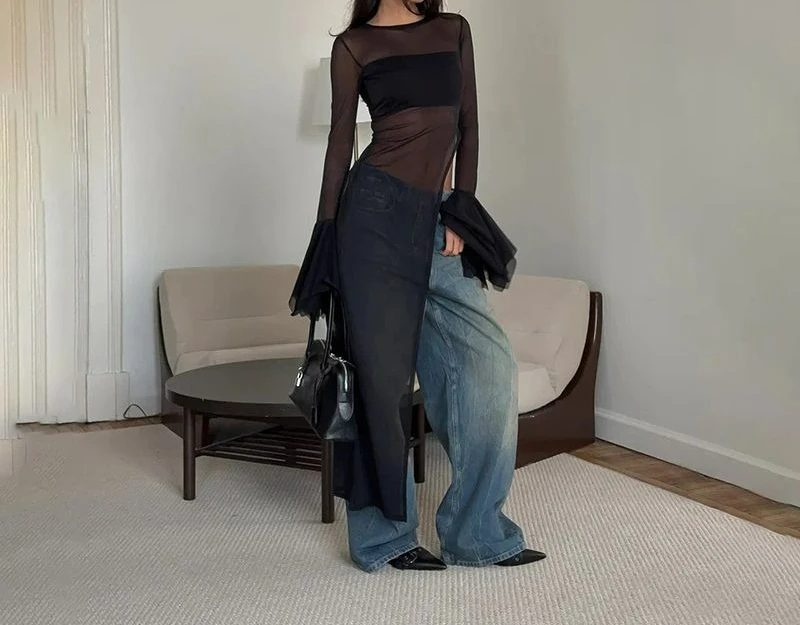 

2026 Spring and Autumn New Mesh See-through Horn Sleeve T-shirt Women's Design Sense Irregular Hem Thin Top