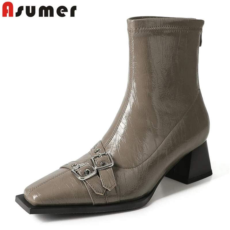 

ASUMER 2024 New Short Boots Women Square Toe Mid Heels Autumn Winter Ankle Boots Back Zip Buckle Ladies Shoes