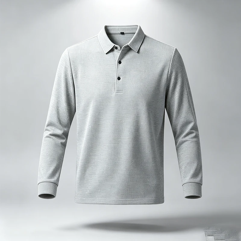 Herren Strukturiertes Waffel-Langarm-Poloshirt, Reguläre Passform, Weich, Knitterresistent, Business-Casual Alltags-Pullover-Oberteil – Detail 4