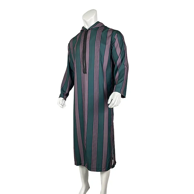 Fashion Men Muslim Clothing Hooded Robes Casual Loose Striped Printed Long Sleeve Zip Abaya Ramadan Middle East Arab Dubai Robe