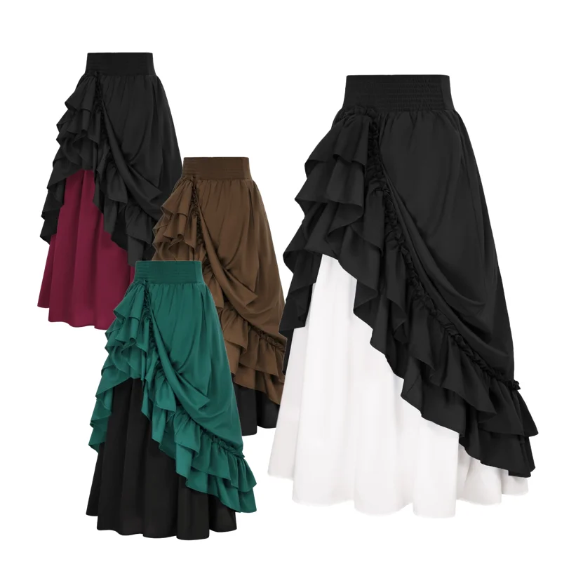 عصر النهضة زي المرأة الظهر مزدوجة كشكش طويل Shiring تنورة الخصر شريط مرن ماكسي طول عادية طبقة مزدوجة تنورة زر