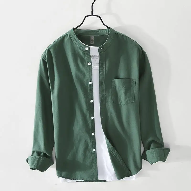 

Men's Small Stand Collar Ox Spun Long Sve irt Thiened Spring Autumn Loose Fit Daily Wear Pure Color Casual irt