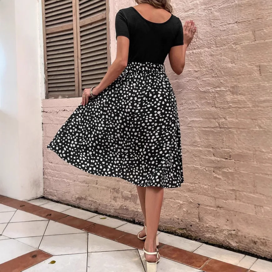 Dw 2025 欧米風プリントTシャツワンピース レディース Aラインスカート 半袖 ハイウエストステッチ ロングスカート