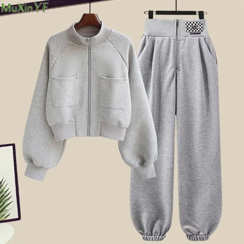 

Falls New Women Clothing Spring Autumn Lady Casual Zipper Sweatshirts High Waist Long Pants 1 or 2 Piece Sets Tops Trousers Suit