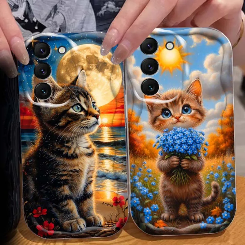 Flower Sunset Cat Art Phone Case For Samsung S26 S25 S24 S23 S22 S21 S20 A04 A05s A05 A06 Ultra Plus FE 5G Wave Oil