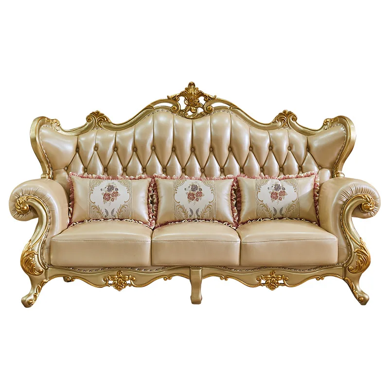 

European living room, all solid wood leather sofa, oak luxury classical sofa furniture carving