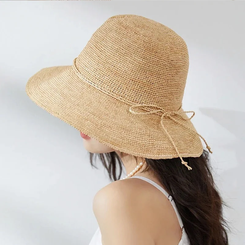 Handmade Raffia Shade Woman's Sun Hat Large Brim Foldable Straw Hat Summer Outing Seaside Beach