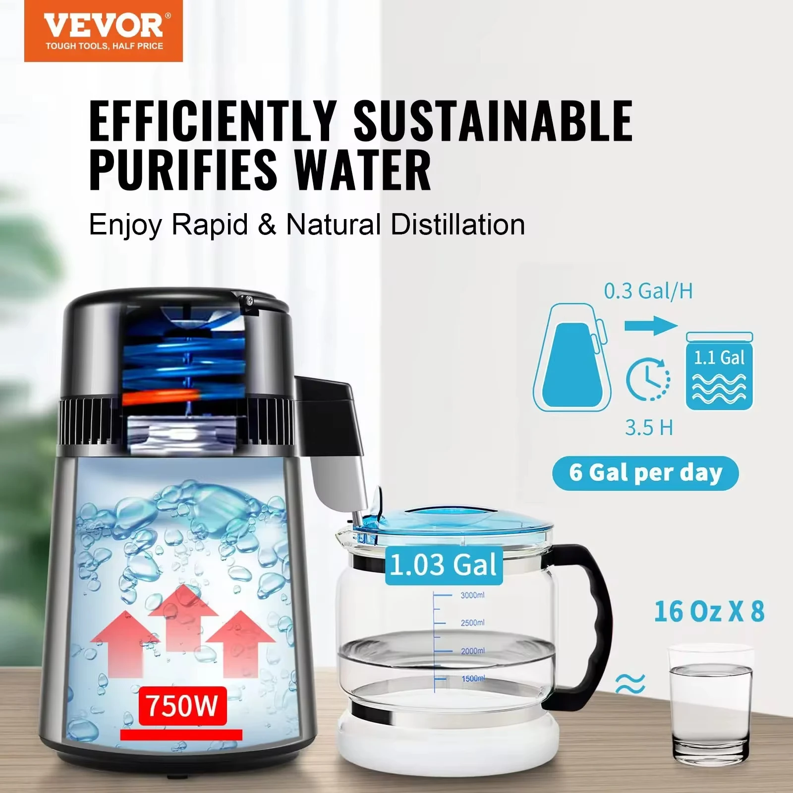 VEVOR Water Distiller Pure Water Purifier Filter For Home Countertop4L 1.05 Gallon 750W Stainless Steel Interior Distiller