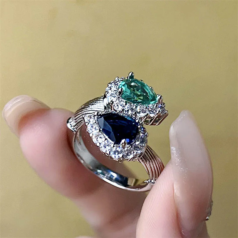 French Romantic Elegant Blue Green Two Tone Cross Cubic Zirconia Droplet Shape Adjustable Women's Ring Anniversary Gift Jewelry