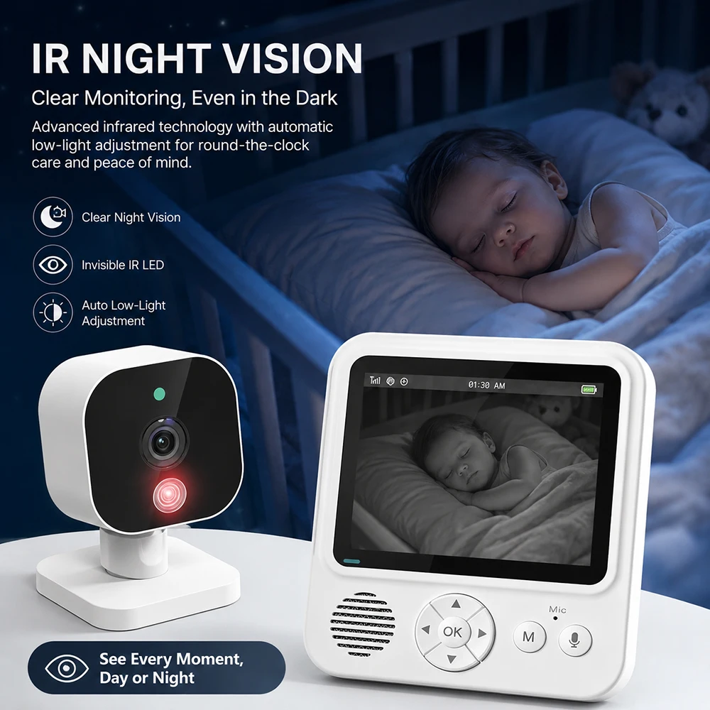 2.8“ Display Baby Monitor with 2-way Audio & Night Vision, Built-in 1500mAh Battery, Lullaby & Temperature Detection Baby Camera