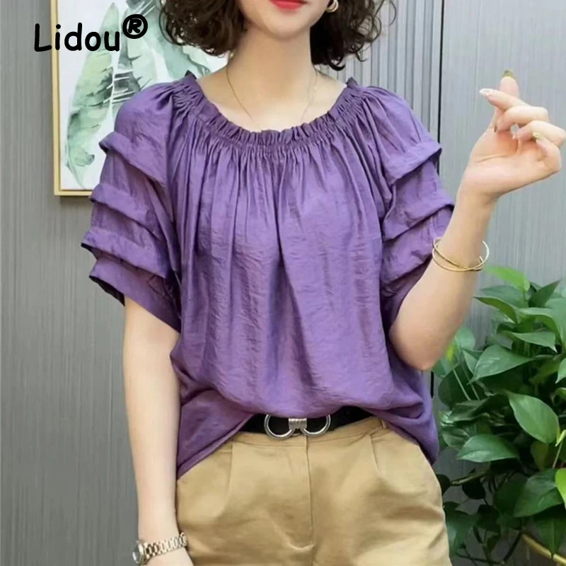 Women's Ruffled Solid Color Simple Casual Blouse Summer Fashion Round Neck Short Sleeve Shirt Loose Pullover Tops Blusas Mujer