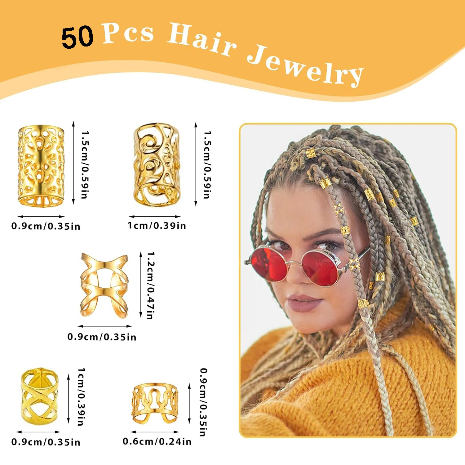 50 Pcs/Pack Gold/Silver Hair Cuffs Adjustable Metal Hair Jewelry Rings Hair Dreadlock Braid Accessories for Women Men Decoration
