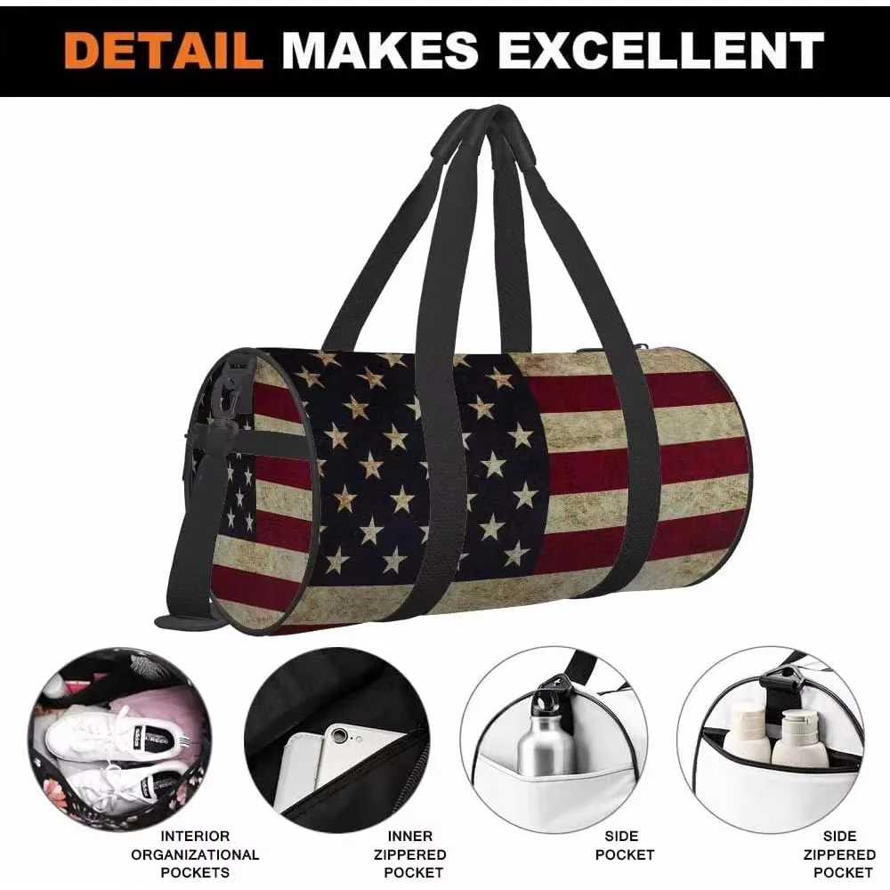 American Flag Sports Duffle Bag Retro USA Patriotic Striped Stars Men Women Weekender Bag for Traveling Tote Gym Shoulder Bag