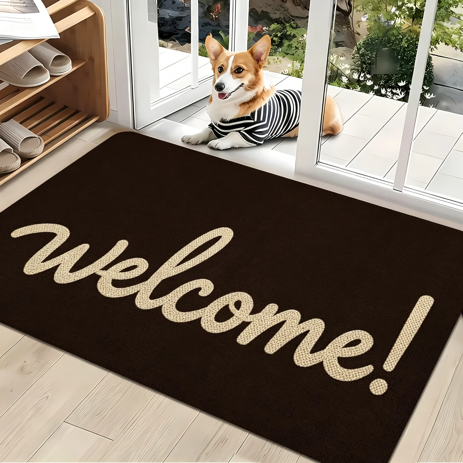 Non Slip Flannel Door Mat with 'Hi!' Design, Suitable for Indoor and Outdoor Use in Living Rooms, Bedrooms, Kitchens, Offices, and Vacation Homes. Easy to Burn Pattern, Washable Area Carpet