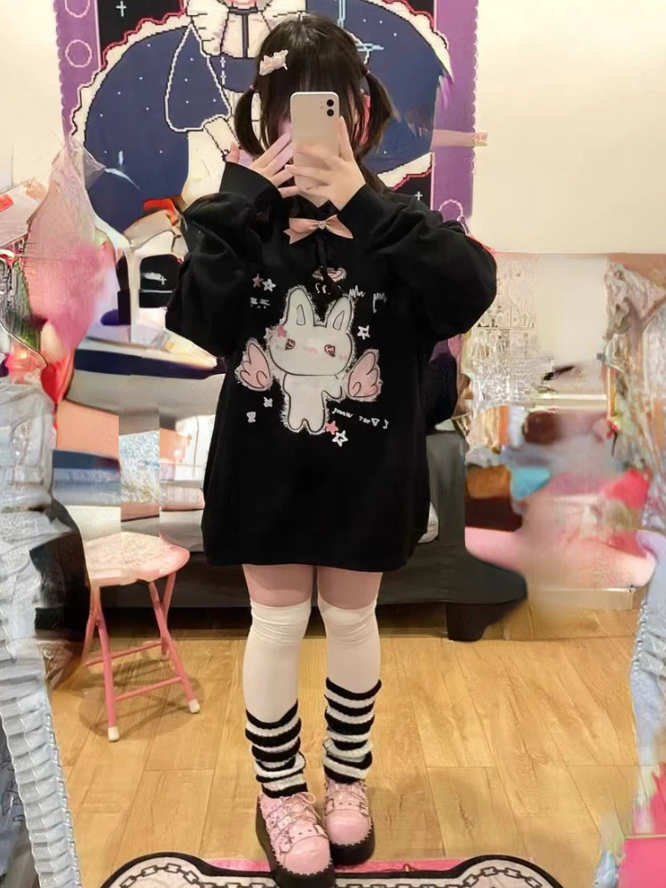 Harajuku Cartoon Print Hoodies Women Y2k Aesthetic Kawaii Loose Black Drawstring Coats Grunge Pocket Streetwear Sweatshirts