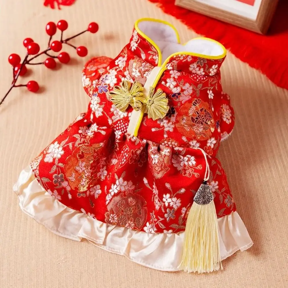 Chinese Style New Year Pet Dress Creative Plush Pet Princess Skirt Flannel with Tassels Pet Tang Clothes Dress Up Accessories